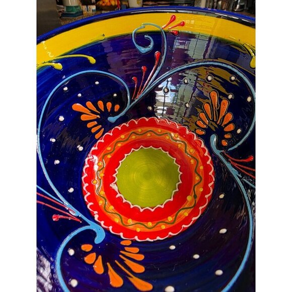 Hand-Painted Ceramic Bowl From Spain With Vibrant Blue Orange & Yellow Patterns - Picture 6 of 14